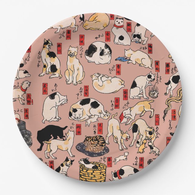 Japanische Katzen Ukiyo-e Funny kitty Pappteller (Vorderseite)