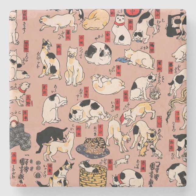 Japanische Katzen Ukiyo-e Funny kitty Steinuntersetzer (Vorderseite)
