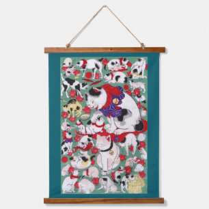 Japanische Katzen, Ukiyo-e Wandteppich Mit Holzrahmen