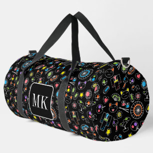 Japanische Kawaii Doodles auf Schwarzen Monogramm- Duffle Bag
