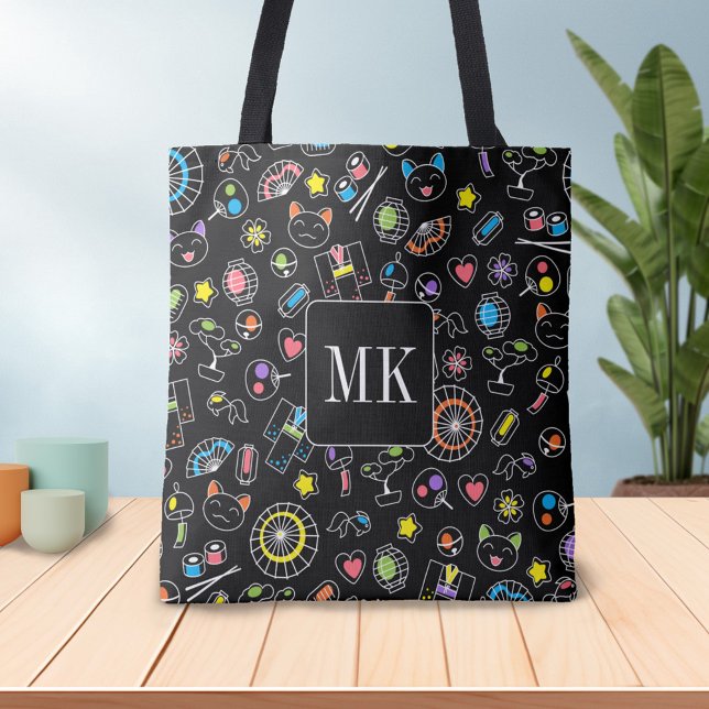 Japanische Kawaii Doodles auf Schwarzen Monogramm- Tasche (Von Creator hochgeladen)
