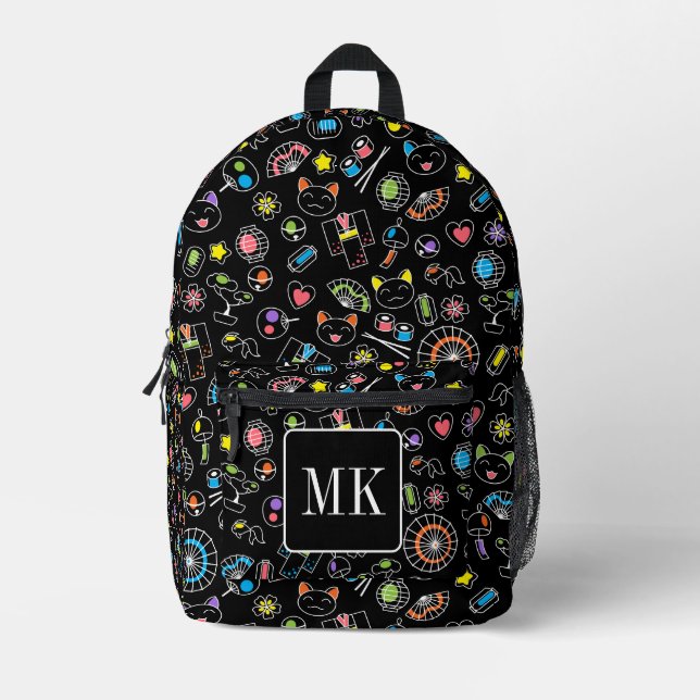 Japanische Kawaii-Kulturdoodles auf der schwarzen  Bedruckter Rucksack (Vorderseite)
