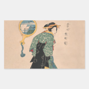 Japanische Kimono Frau: Ukiyo-e Woodblock Print Rechteckiger Aufkleber
