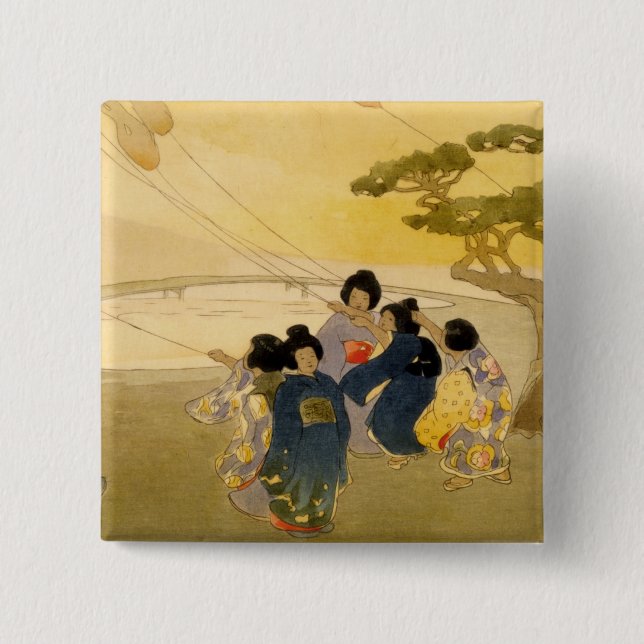 Japanische Kinder, die Drachen fliegen - Bertha Lu Button (Vorderseite)