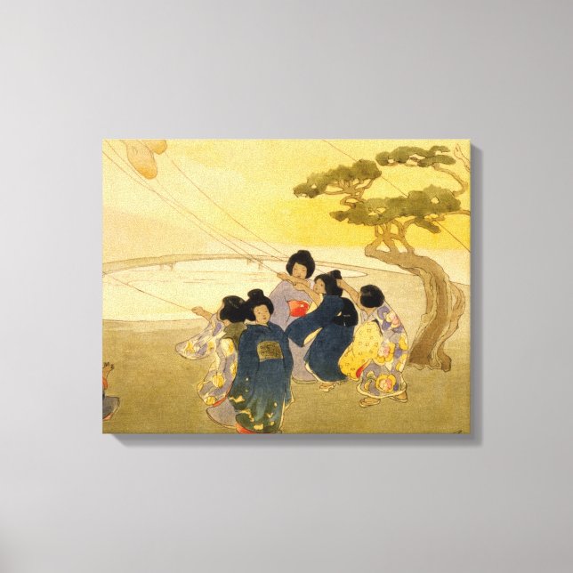 Japanische Kinder, die Drachen fliegen - Bertha Lu Leinwanddruck (Vorderseite)