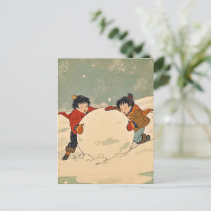 Japanische Kinder rollen eine große Schneekugel Postkarte