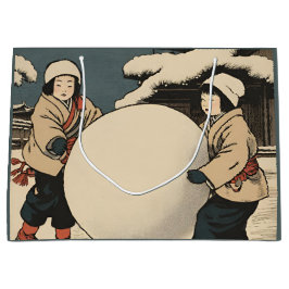 Japanische Kinder rollen große Schneebälle Geschenktüte