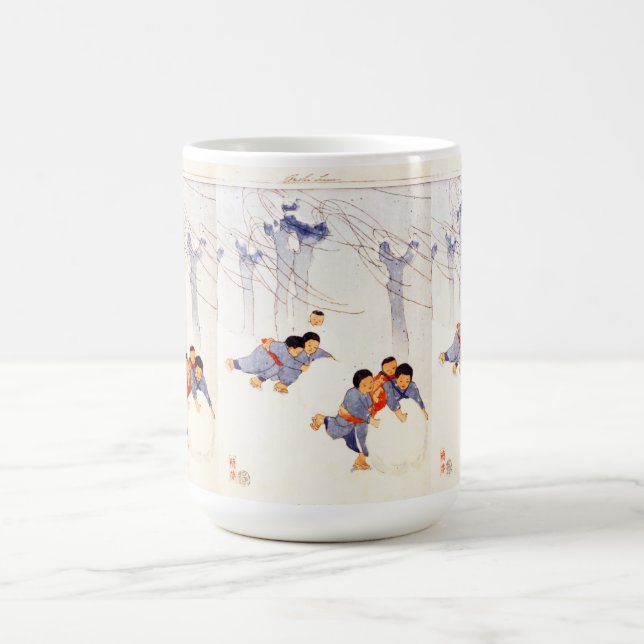 Japanische Kinder rollen große Schneebälle Kaffeetasse (Mittel)