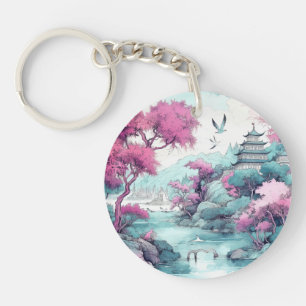 Japanische Kirschblüten Aquarell Fantasie Landscha Schlüsselanhänger
