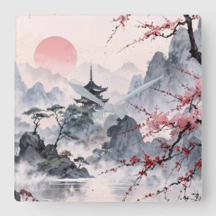 Japanische Kirschblüten-Berglandschaft-Wanduhr Quadratische Wanduhr