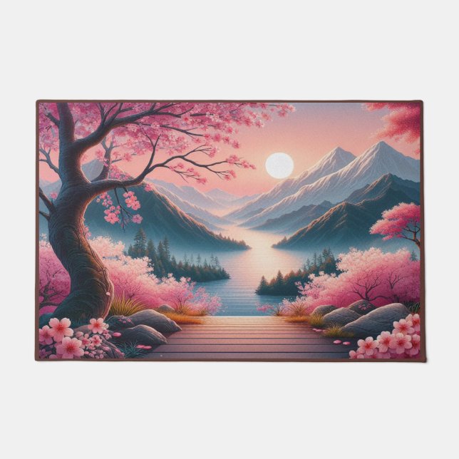 Japanische Kirschblüten Bergwald Landschaft Fußmatte (Vorderseite)