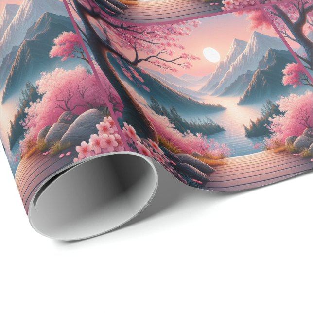 Japanische Kirschblüten Bergwald Landschaft Geschenkpapier (Rolleneckpunkt)