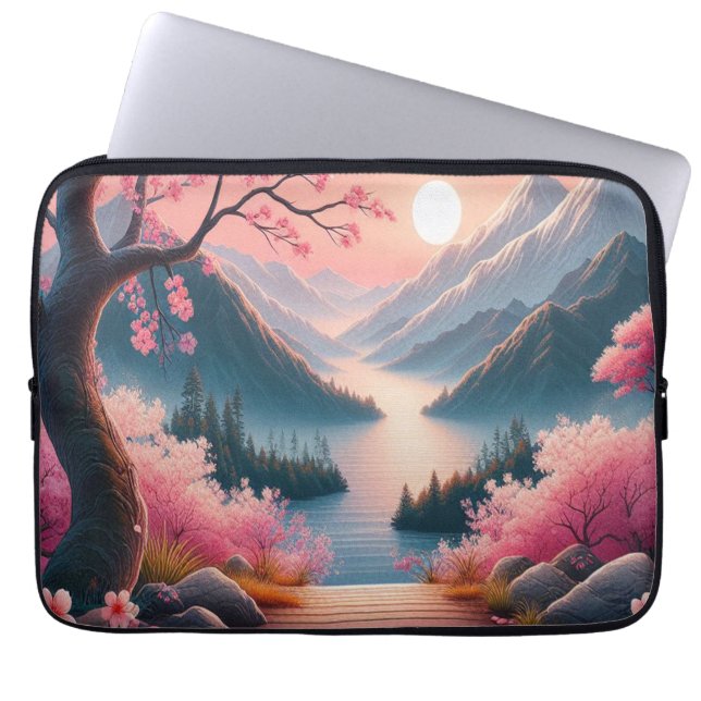 Japanische Kirschblüten Bergwald Landschaft Laptopschutzhülle (Vorderseite)