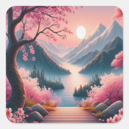 Japanische Kirschblüten Bergwald Landschaft Quadratischer Aufkleber