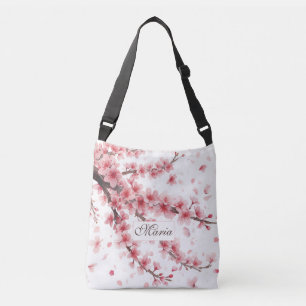 Japanische Kirschblüten-Monogramm Rosa Weiß Tragetaschen Mit Langen Trägern