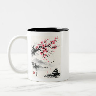 Japanische Kirschblüten-Tuschemalerei - Zen Zweifarbige Tasse