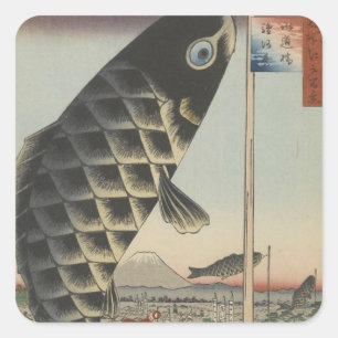 Japanische Koi Hiroshige Fisch Festival Flagge Quadratischer Aufkleber