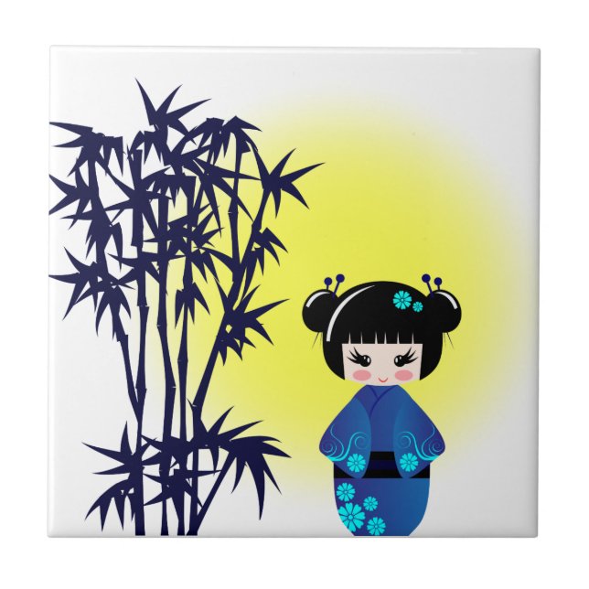 Japanische kokeshi Puppe am Bambus während des Fliese (Vorderseite)