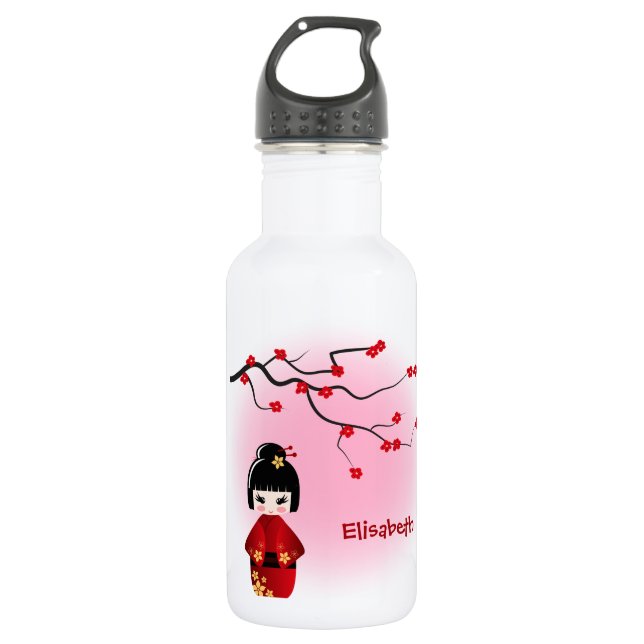 Japanische Kokeshi-Puppe bei Sakura-Blüten Edelstahlflasche (Vorderseite)