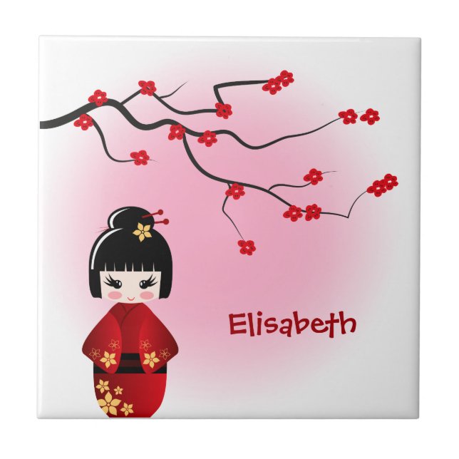 Japanische Kokeshi-Puppe bei Sakura-Blüten Fliese (Vorderseite)