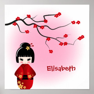 Japanische Kokeshi-Puppe bei Sakura-Blüten Poster