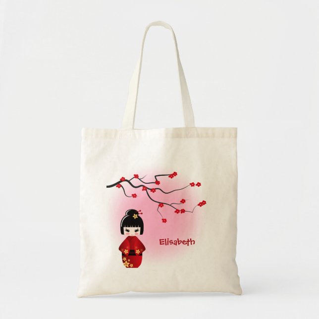 Japanische Kokeshi-Puppe bei Sakura-Blüten Tragetasche (Vorne)