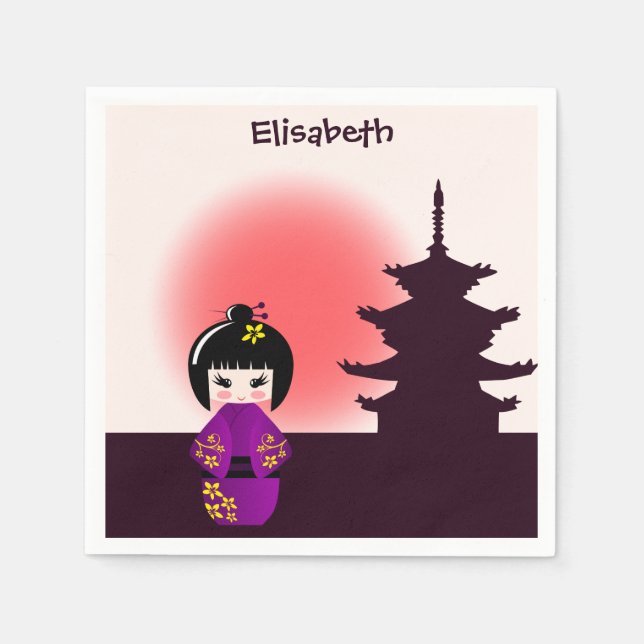 Japanische Kokeshi-Puppe im Tempel bei Sonnenunter Serviette (Vorderseite)