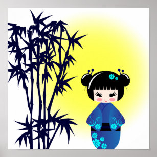 Japanische Kokeshi-Puppe in Bambus bei Sonnenaufga Poster