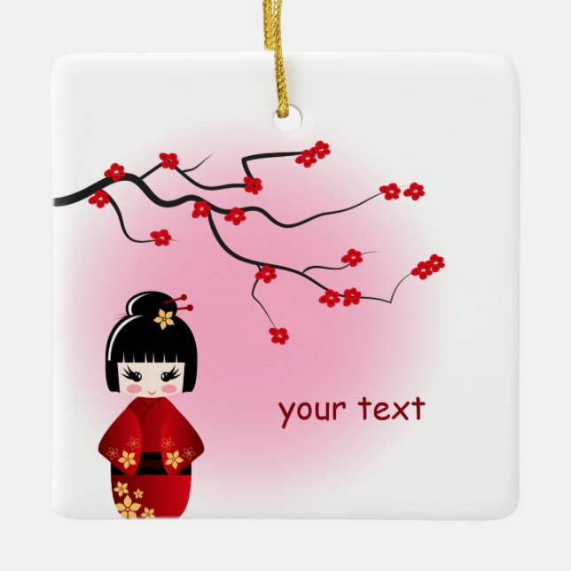 Japanische kokeshi Puppe in Kirschblüte blüht Keramikornament (Vorderseite)