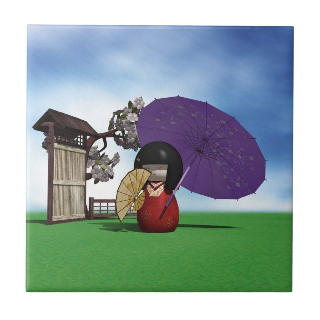 Japanische Kokeshi-Puppe Kirschblüten-Kunst Fliese (Vorderseite)