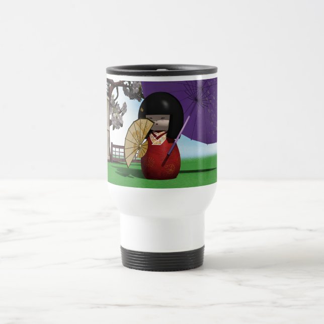 Japanische Kokeshi-Puppe Kirschblüten Kunst Reisebecher (Mittel)
