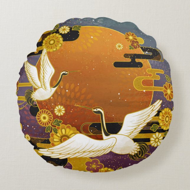 Japanische Kran-Vogel-Illustrationsfläche Rundes Kissen (Vorderseite)