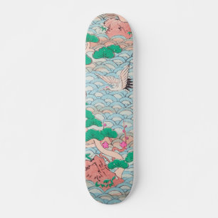 Japanische Krane auf Waves Vintages Muster Skateboard