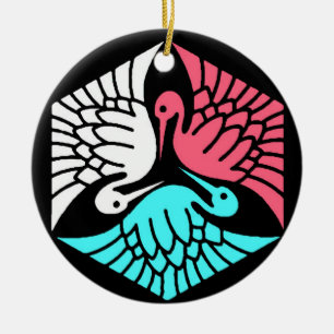 Japanische Krane, Korallen, Türkis und Schwarz Keramik Ornament