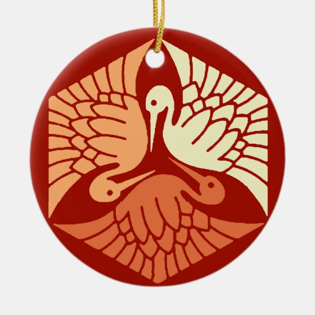 Japanische Krane, Mandarin und leichte Orange Keramik Ornament (Vorne)