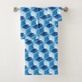 Japanische Krane, Marine, Weiß und Light Blue Badhandtuch Set