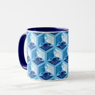 Japanische Krane, Marine, Weiß und Light Blue Tasse