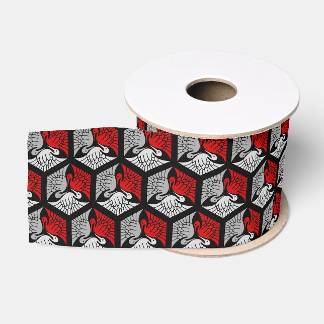 Japanische Krane, rot, grau/grau und schwarz  Ripsband (Spule)