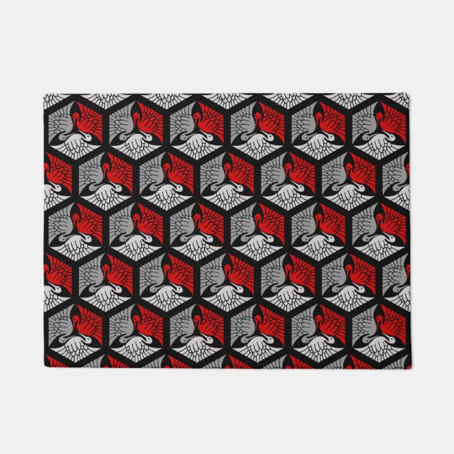Japanische Kräne, Rot, Graues/Grau und Schwarzes Fußmatte (Vorderseite)