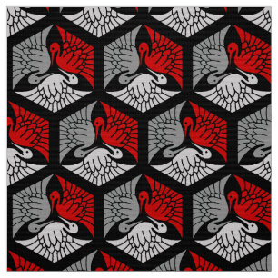 Japanische Kräne, Rot, Graues/Grau und Schwarzes Stoff