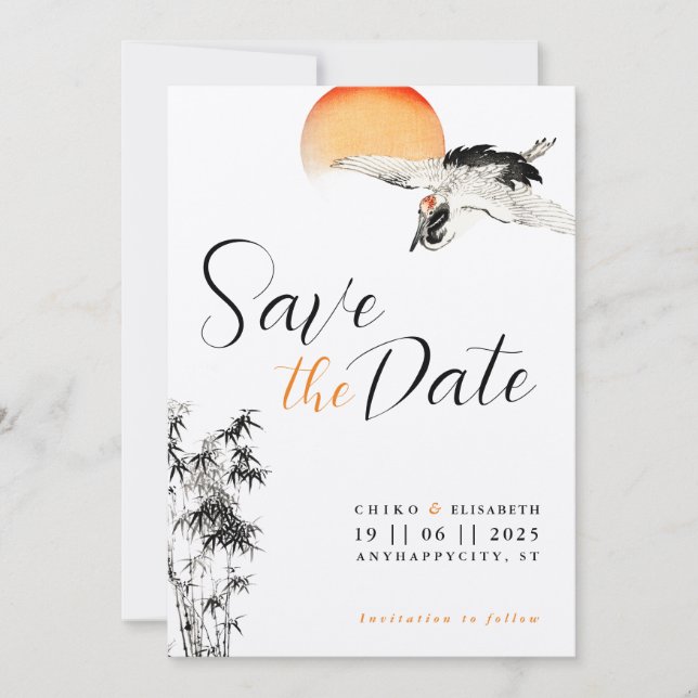 Japanische Krane und Bamboo-Hochzeit speichern Sie Save The Date (Vorderseite)