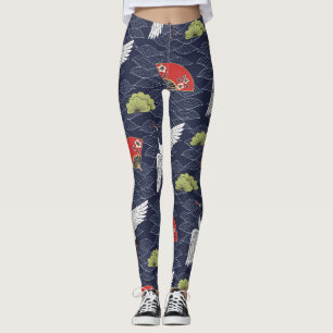 Japanische Krane und Lüfter: Vintages Muster Leggings