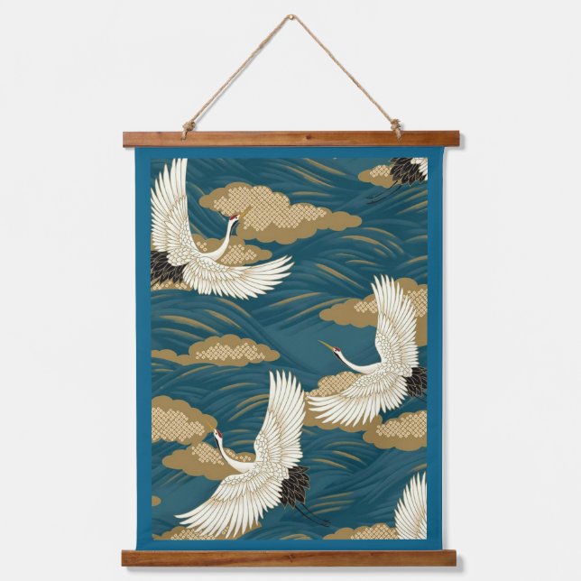 Japanische Krane Wandteppich Mit Holzrahmen (Vorderseite)