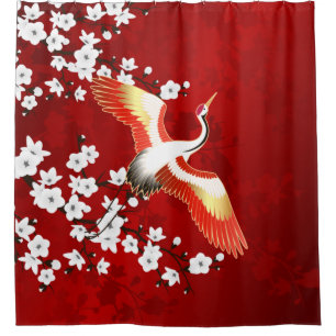 Japanische Krane Weißkirsche Blossom Rot Duschvorhang