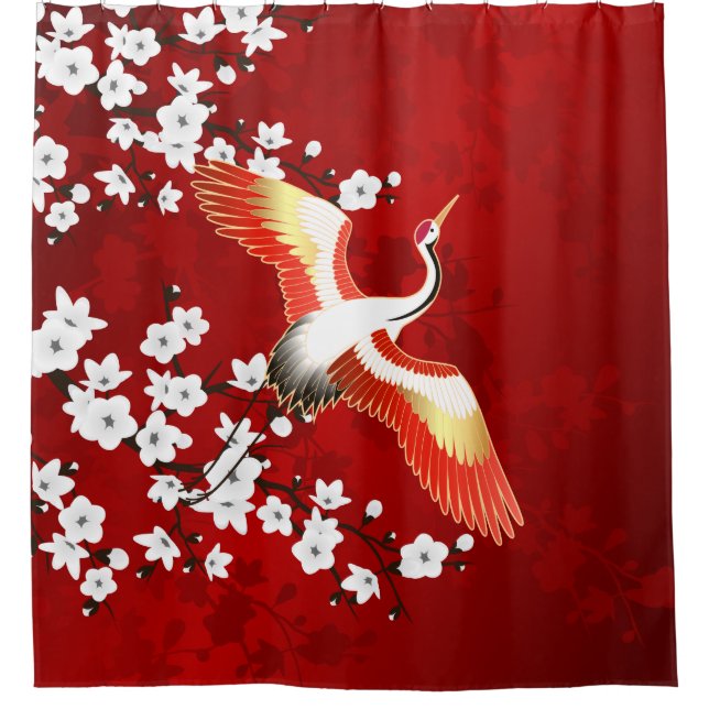 Japanische Krane Weißkirsche Blossom Rot Duschvorhang (Vorderseite)