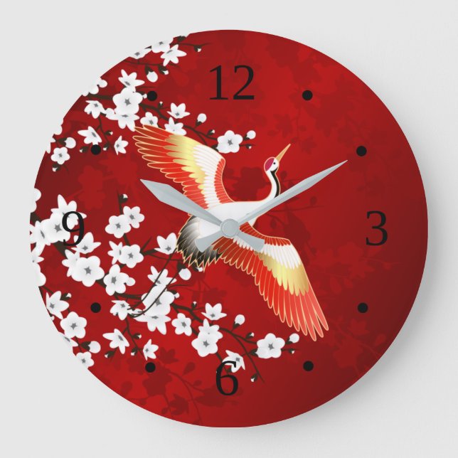 Japanische Krane Weißkirsche Blossom Rot Große Wanduhr (Vorderseite)