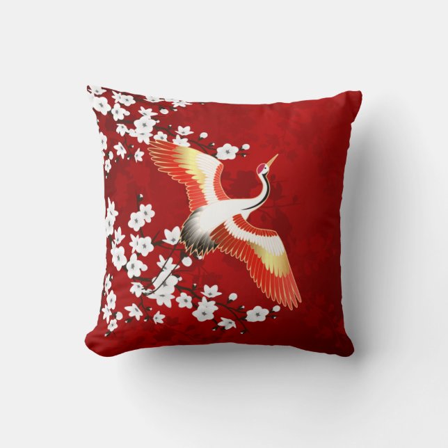 Japanische Krane Weißkirsche Blossom Rot Kissen (Vorderseite)