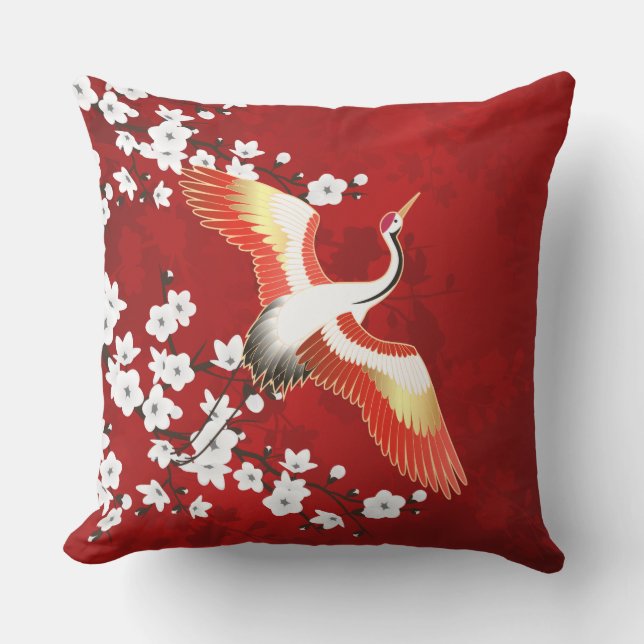 Japanische Krane Weißkirsche Blossom Rot Kissen (Vorderseite)