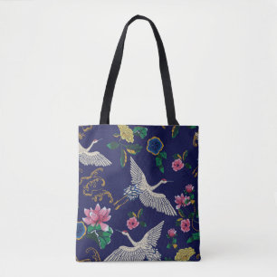 Japanische Krane, Wellen und Blume. Stickereierkra Tasche