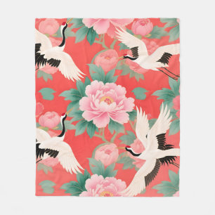 Japanische Kraniche Paonien Rot Chinoiserie Elegan Fleecedecke